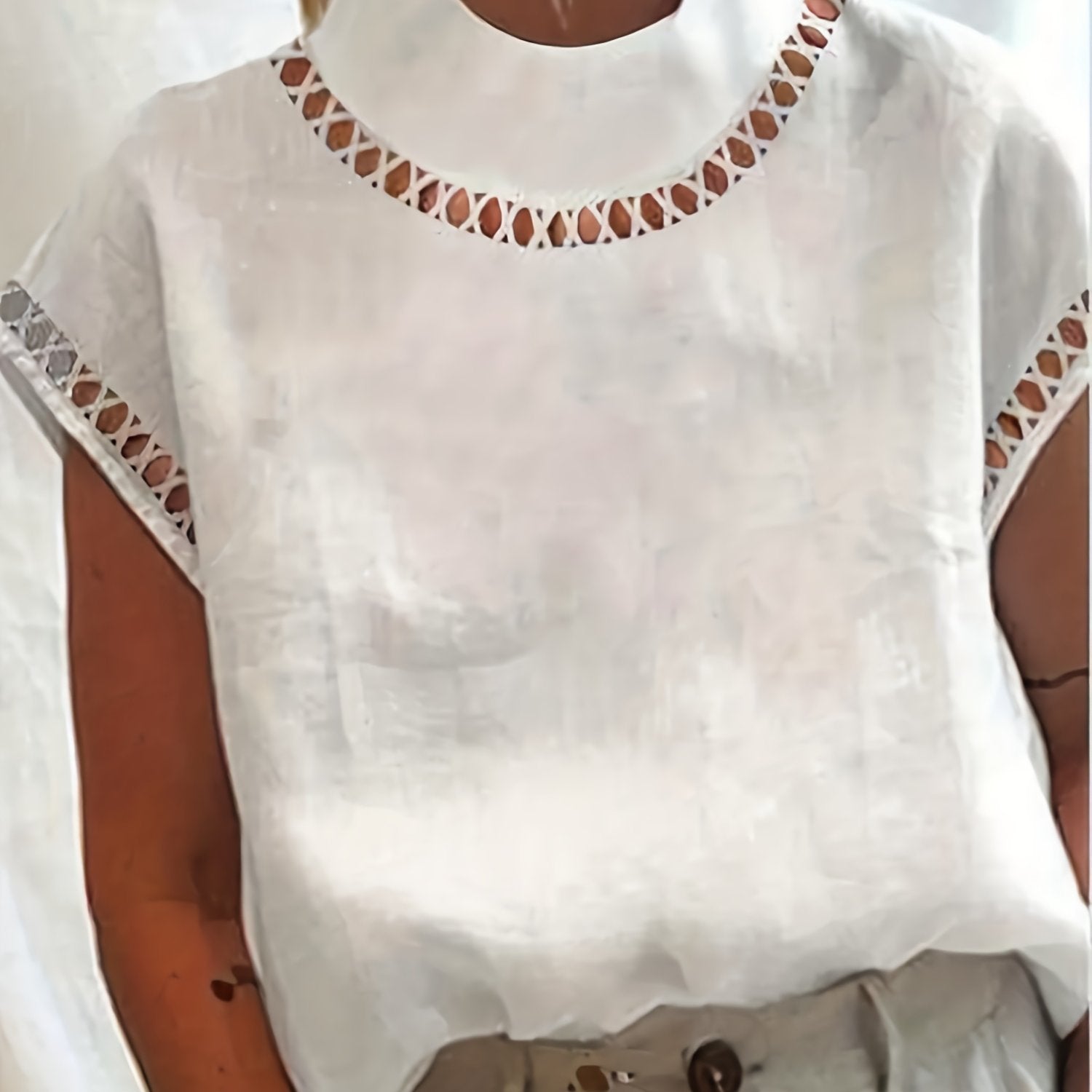 Casual Blouse Women's Plus Eyelet Embroidered Cap Sleeve Blouse
