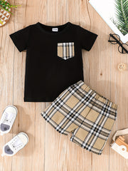 2pcs Toddler Baby Boy Plaid T shirt Shorts Set