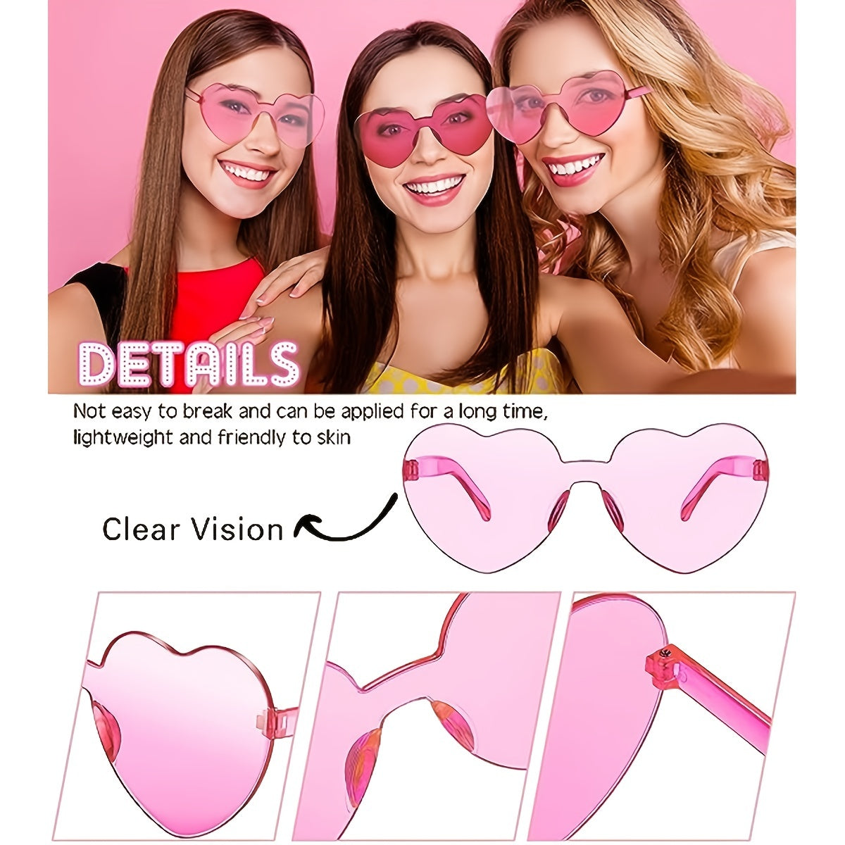 6pcs Rimless Heart Shaped Sunglasses Transparent Candy Eyewear