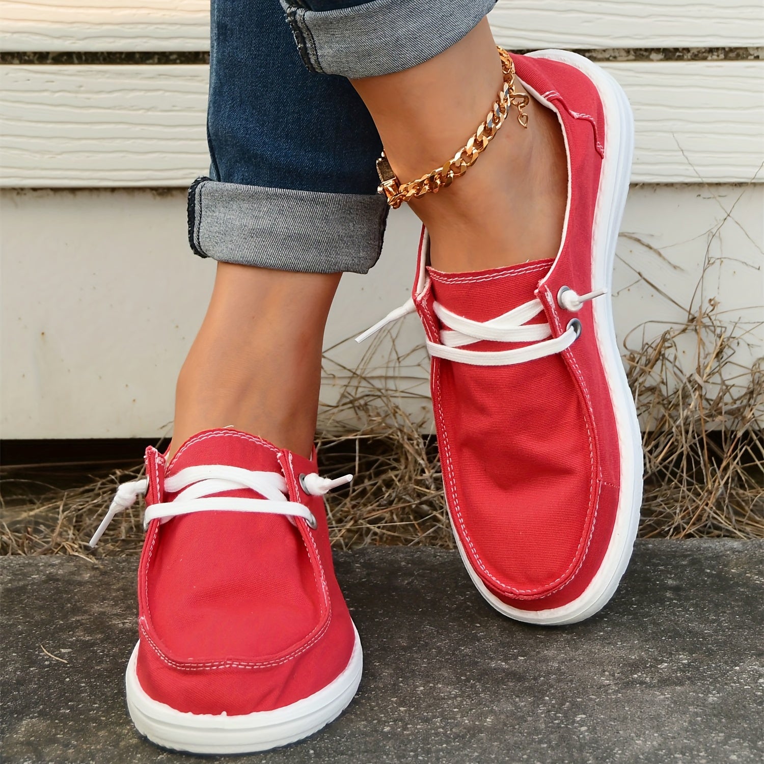 Women's Red Canvas Lace Up Casual Shoes Lightweight Flat Shoes