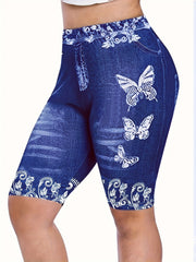 Women's Faux Denim Floral Printed Yoga Shorts High Waist Casual