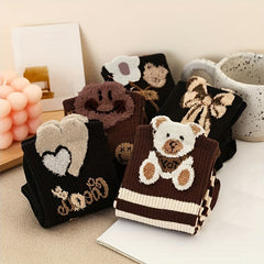 5 Pairs Bear & Smiling Print Socks Comfy & Mid Tube Socks Women's Stockings