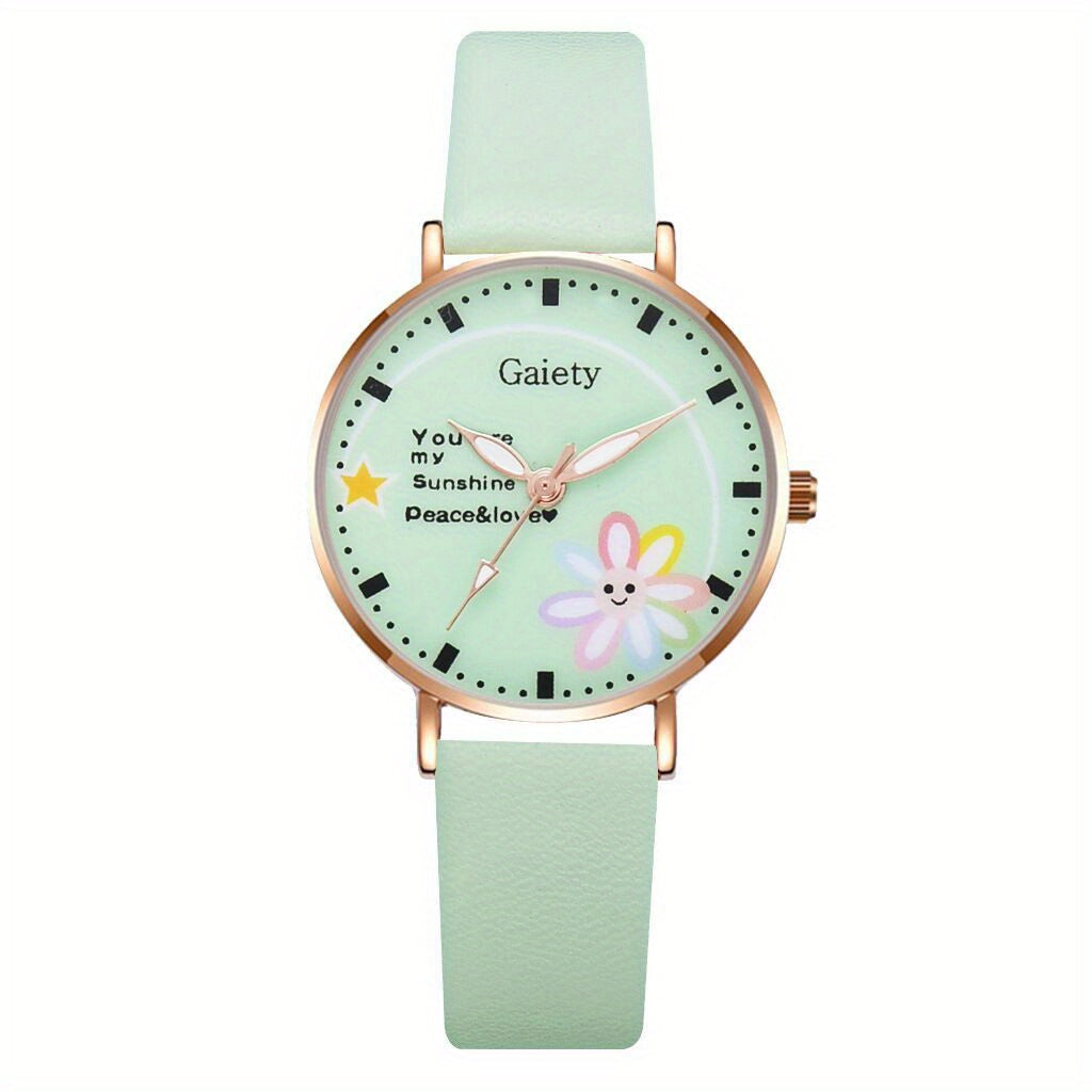 Flower Smile Face Cartoon Girls Quartz Watch Leather Daughter Gift