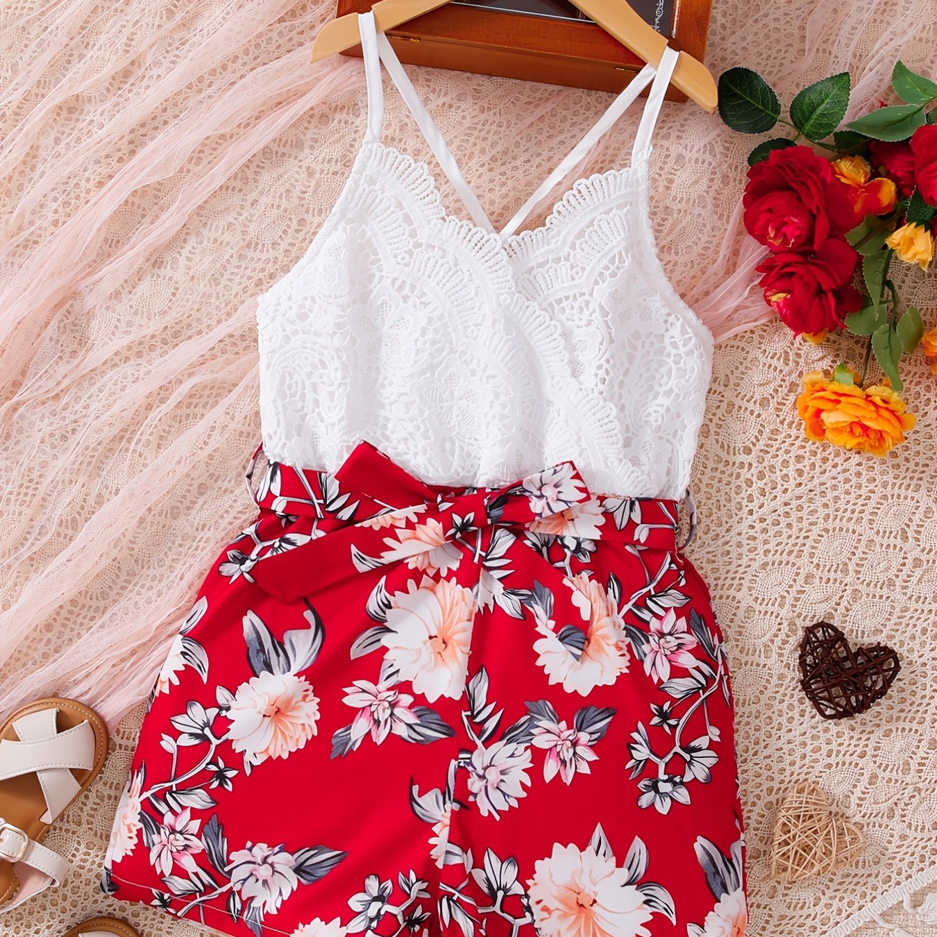 Bohemian Lace Cami Print Romper with Bow Belt for Summer