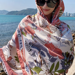Pink Flower Print Tassel Scarf Boho Shawl Outdoor Sunscreen Head Wrap