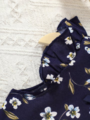 Girls Ruffle Sleeve Flowers Graphic Frill Trim Neck Bow Blouse Top