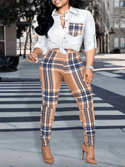 Colorblock Plaid Shirt & Leggings Set