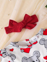 2pcs Baby Girls Heart And Bear Print Dress & Headband Set for Spring/Autumn