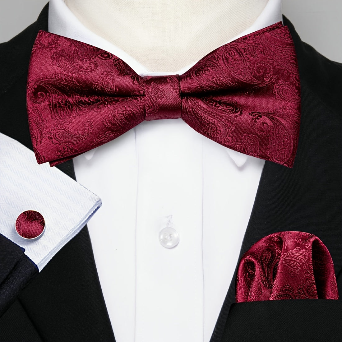Barry Wang Men's Burgundy Red Paisley Bow Tie Set