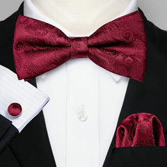 Barry Wang Men's Burgundy Red Paisley Bow Tie Set