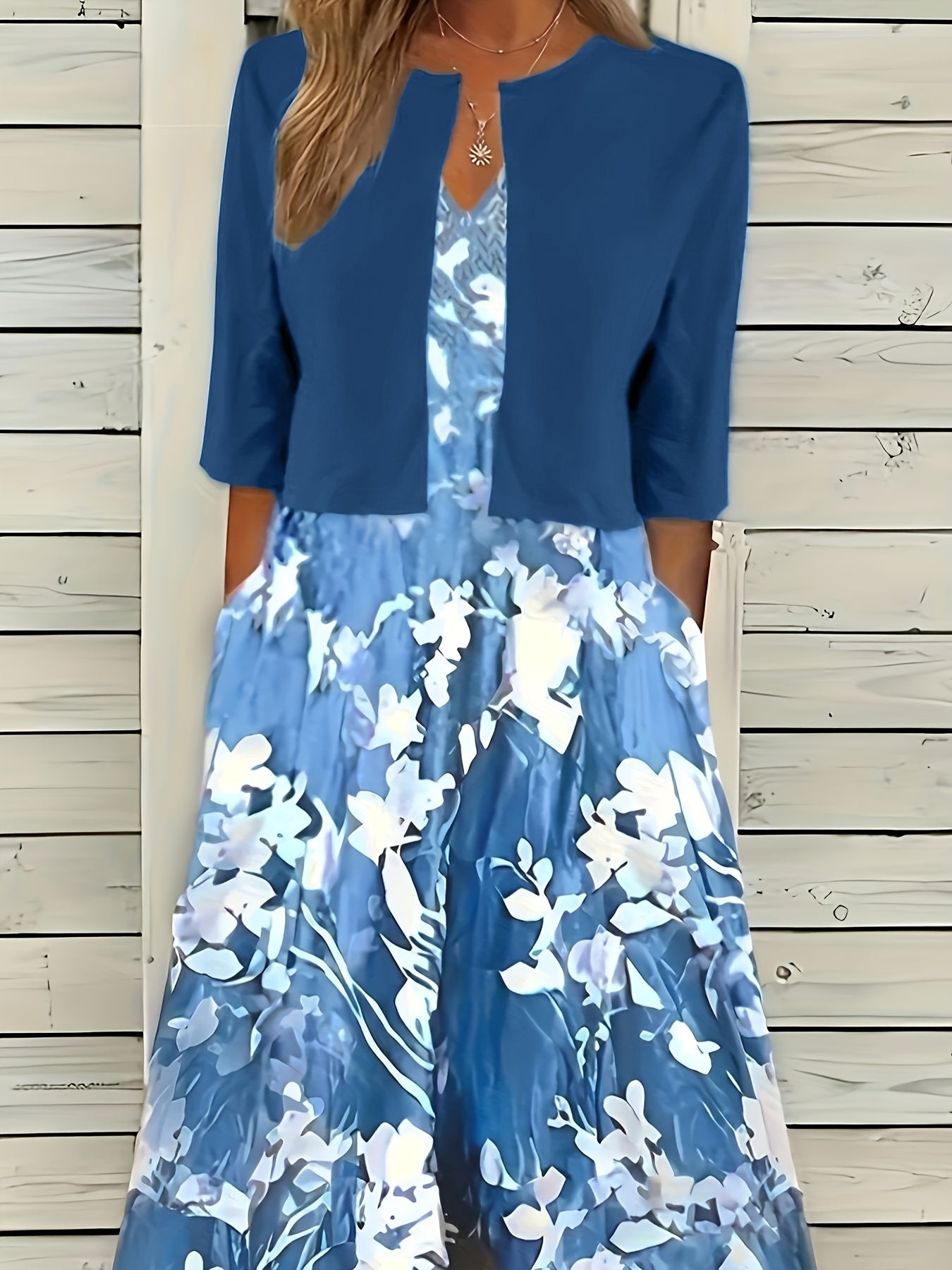 Casual 2pc Set: Solid Open Front Cardigan & Floral V Neck Dress