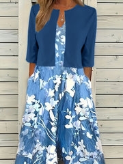 Casual 2pc Set: Solid Open Front Cardigan & Floral V Neck Dress