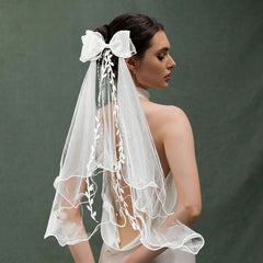 Bow Bridal Veil Tassel Leaf Pattern Double Layer Mesh Headpiece