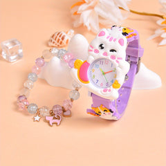 3D Cartoon Cat Silicone Watch for Girls with Beaded Cat Bracelet Set