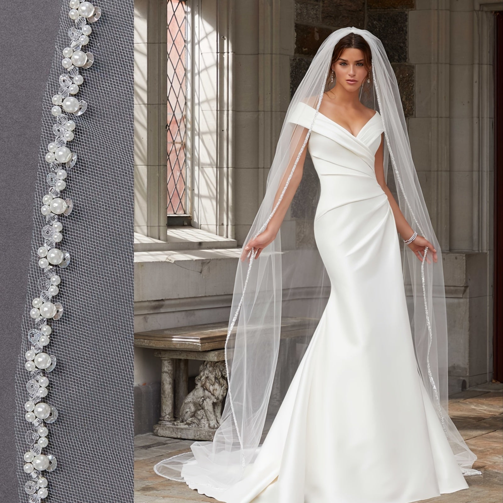 Chapel Length Wedding Veil Organza Beaded Rhinestone Edge Bridal Accessories