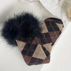 Plaid Print Calf Socks Feather Trim Knee High Stockings