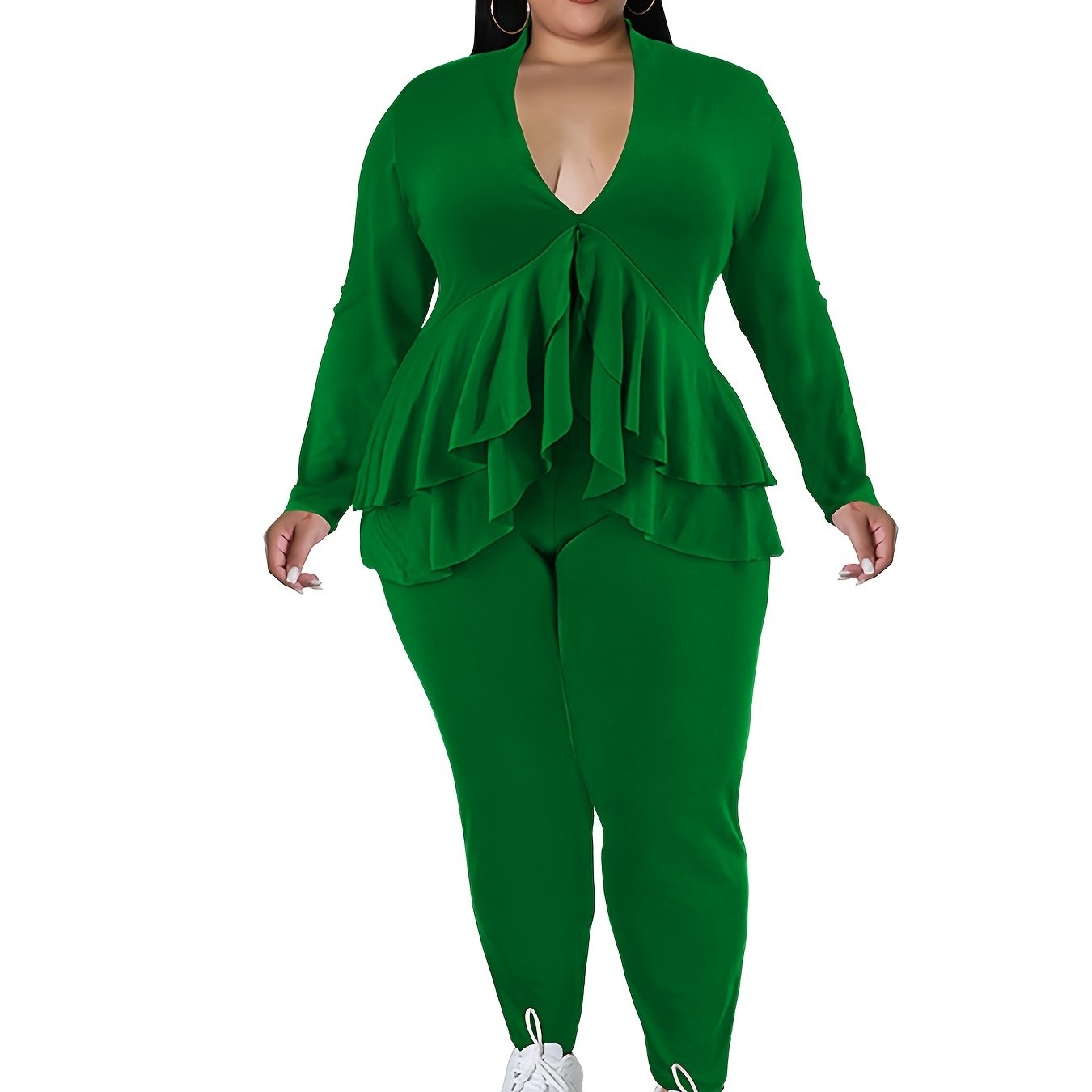 Ruffle Trim V Neck Long Sleeve Shirt & Pants Set Plus Size
