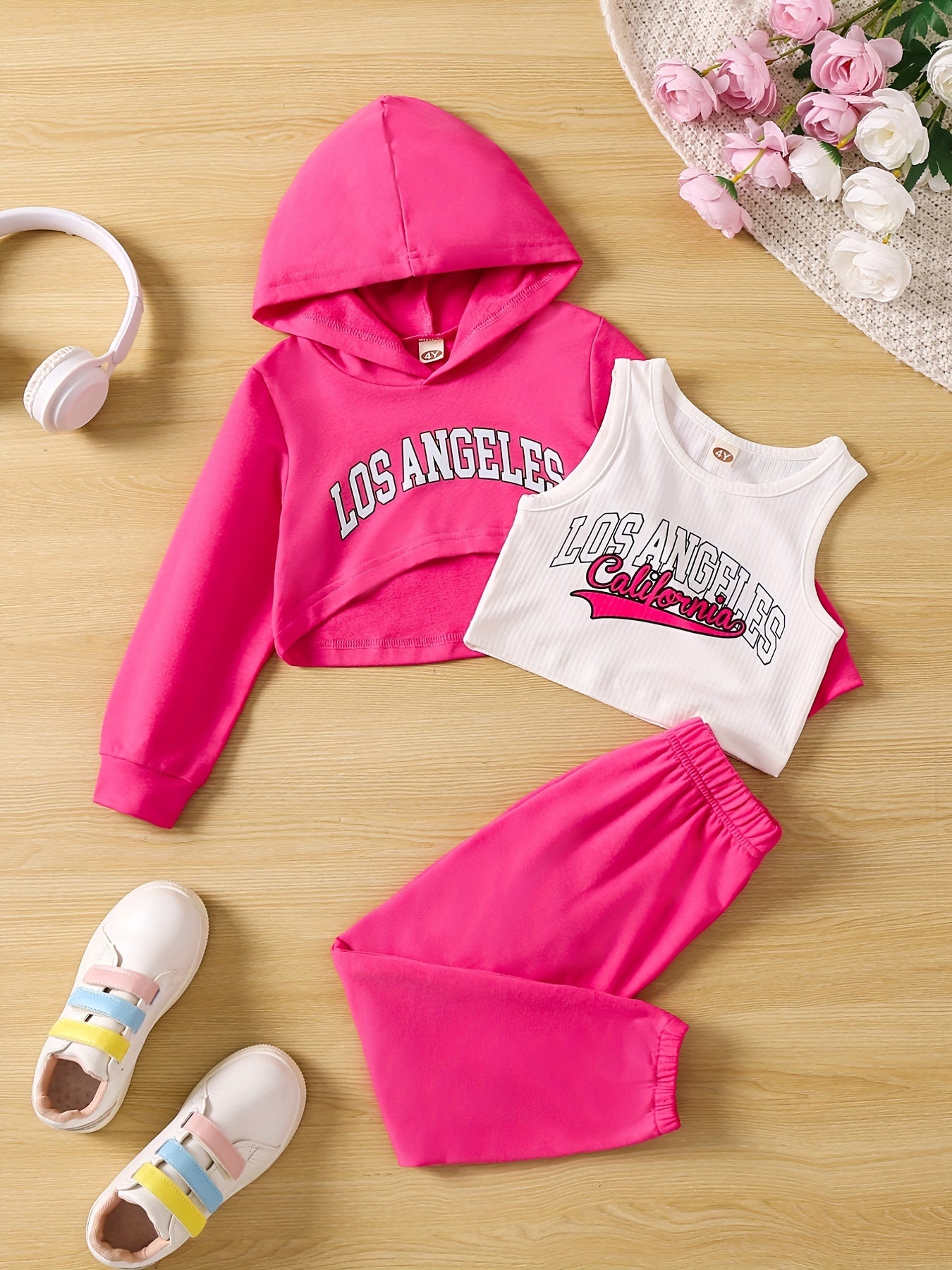 Girl's LA Print 2pcs Tank Top & Crop Hoodie & Sweatpants Set