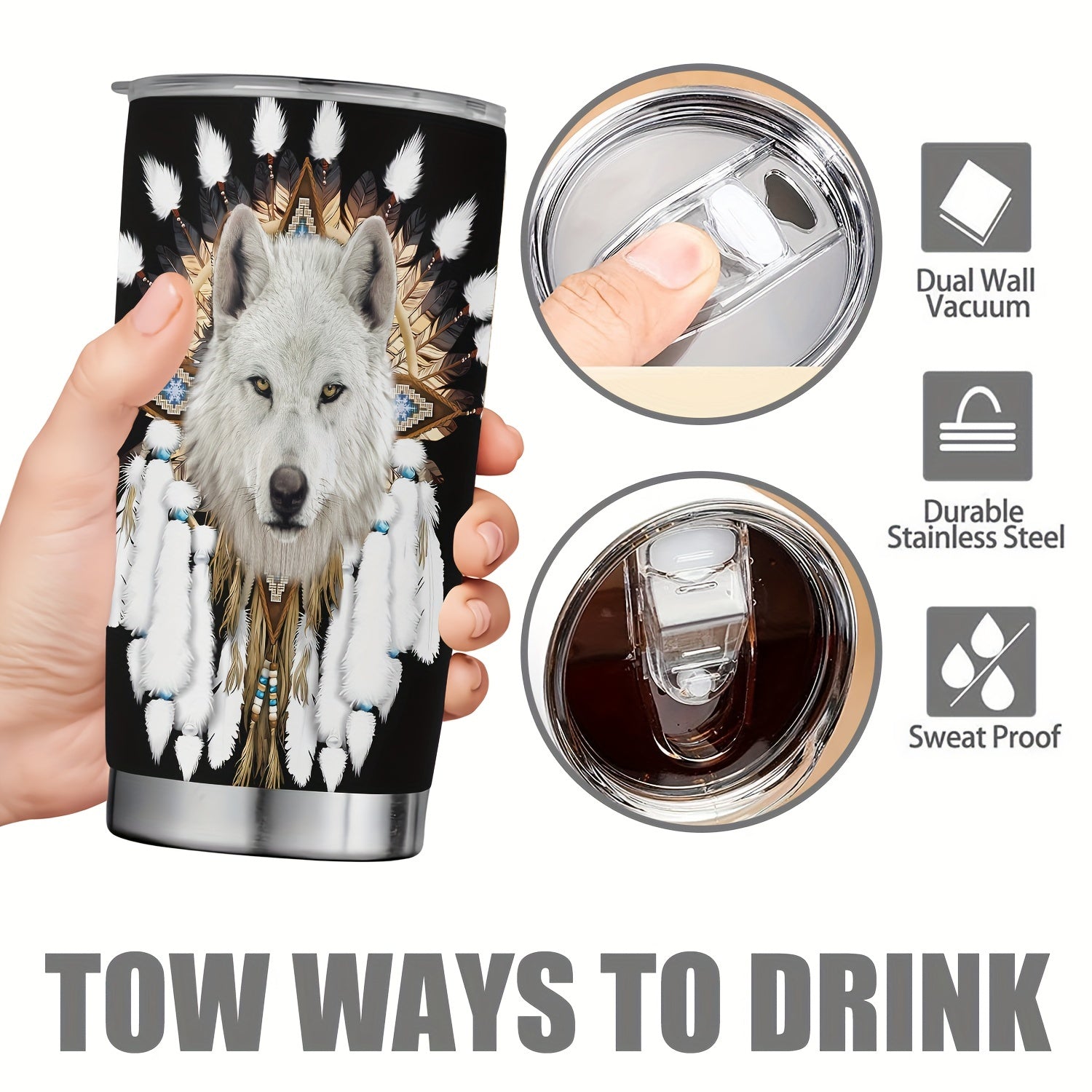 20oz Indian Wolf Stainless Steel Tumbler - Insulated Travel Mug
