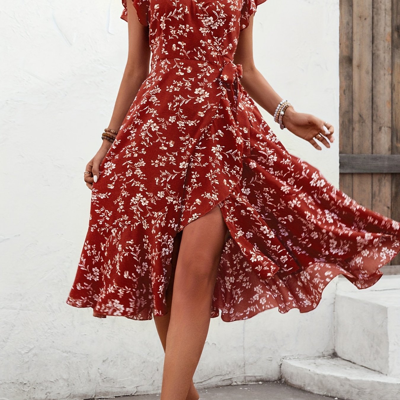 Floral Print V Neck Slim Dress Casual for Spring & Fall