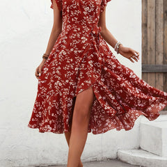 Floral Print V Neck Slim Dress Casual for Spring & Fall