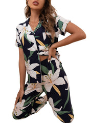 Floral Satin Pajamas Set Long Sleeve Nightwear Pants