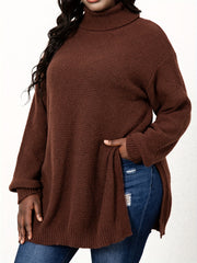 Turtle Neck Knit Side Slit Sweater Women's Plus Solid High Stretch