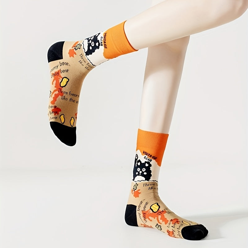 5 Pairs Funny Cartoon Print Crew Socks for Women