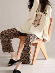Bear Print Pajama Set Long Sleeve Top & Leopard Pants