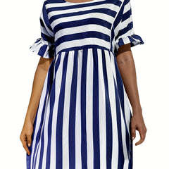 Nautical Stripe Ruffle Trim Dress