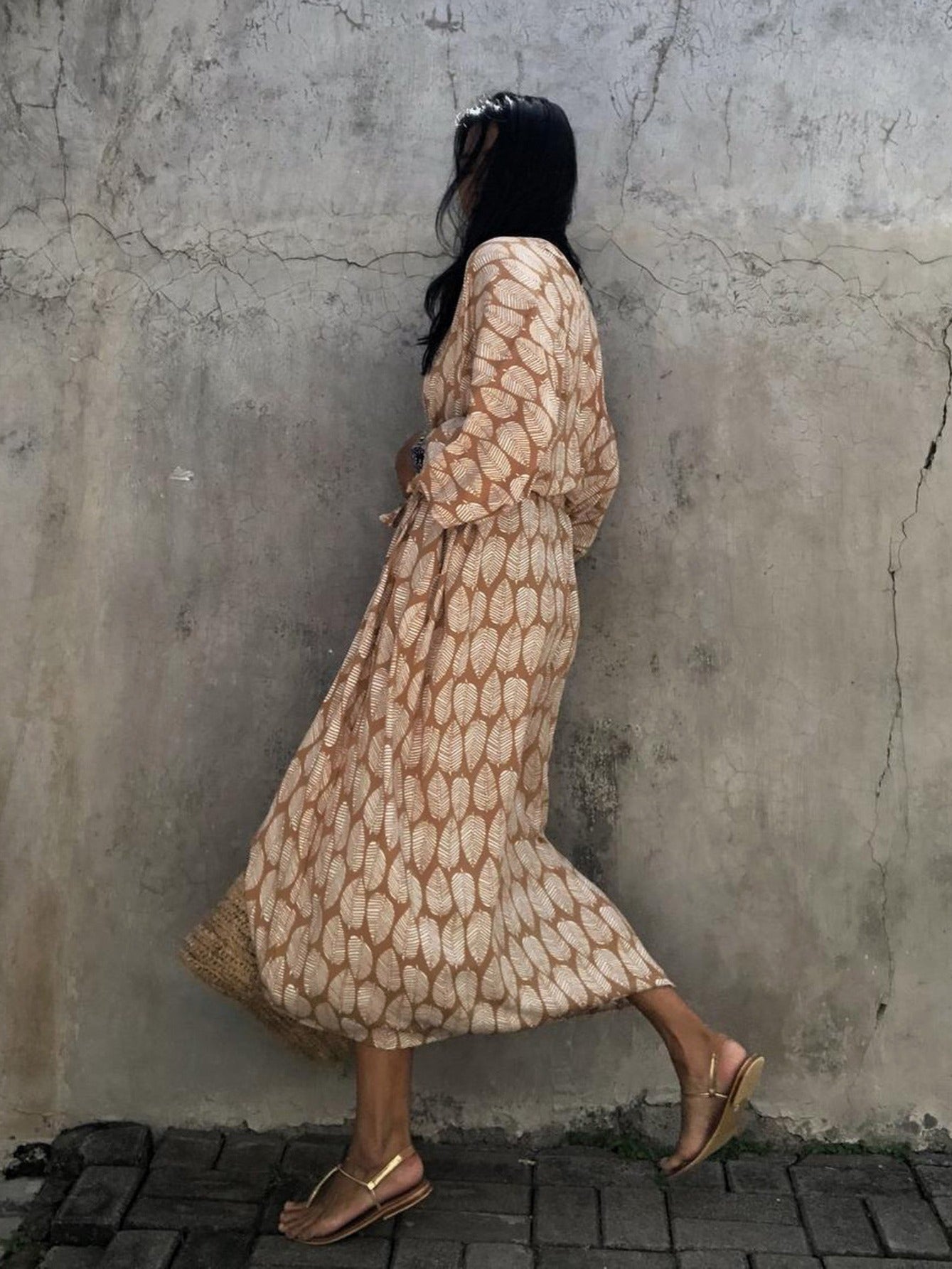 Women's Leaf Printed Beach Swimsuit Cape Cover Up Kimono Cardigan Wrap Dress