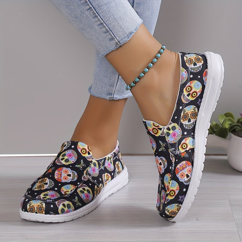 Colorful Skull Pattern Canvas Slip On Loafers Halloween Shoes