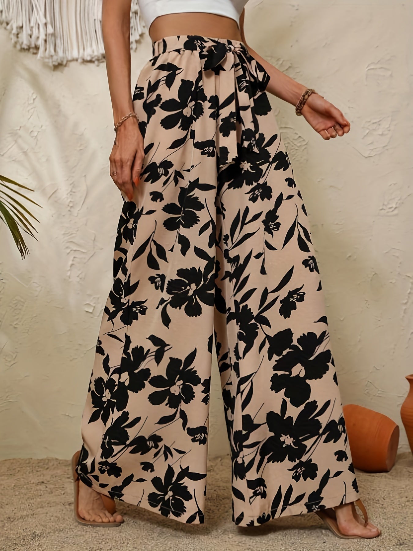 Flower Print Wide Leg Pants Tie Waist Casual Loose Spring Fall
