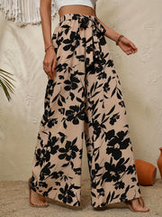 Flower Print Wide Leg Pants Tie Waist Casual Loose Spring Fall