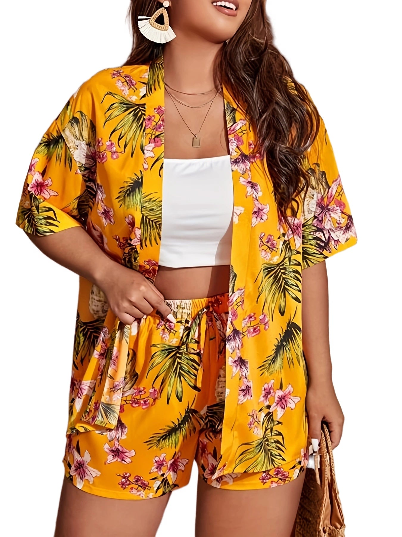 Women's Plus Tropical Print Shirt & Shorts Set