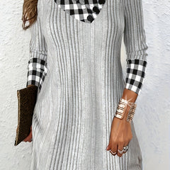 Colorblock Plaid Ribbed Long Sleeve Dress