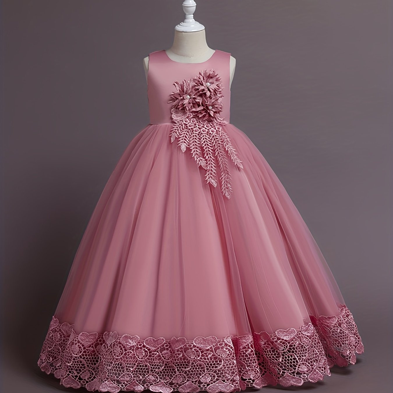 Girls Lace Embroidery Flower Princess Dress with Tutu Skirt