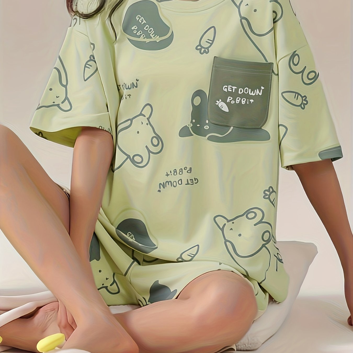 Bunny Print Pajama Set Short Sleeve Top & Shorts Women's Sleepwear