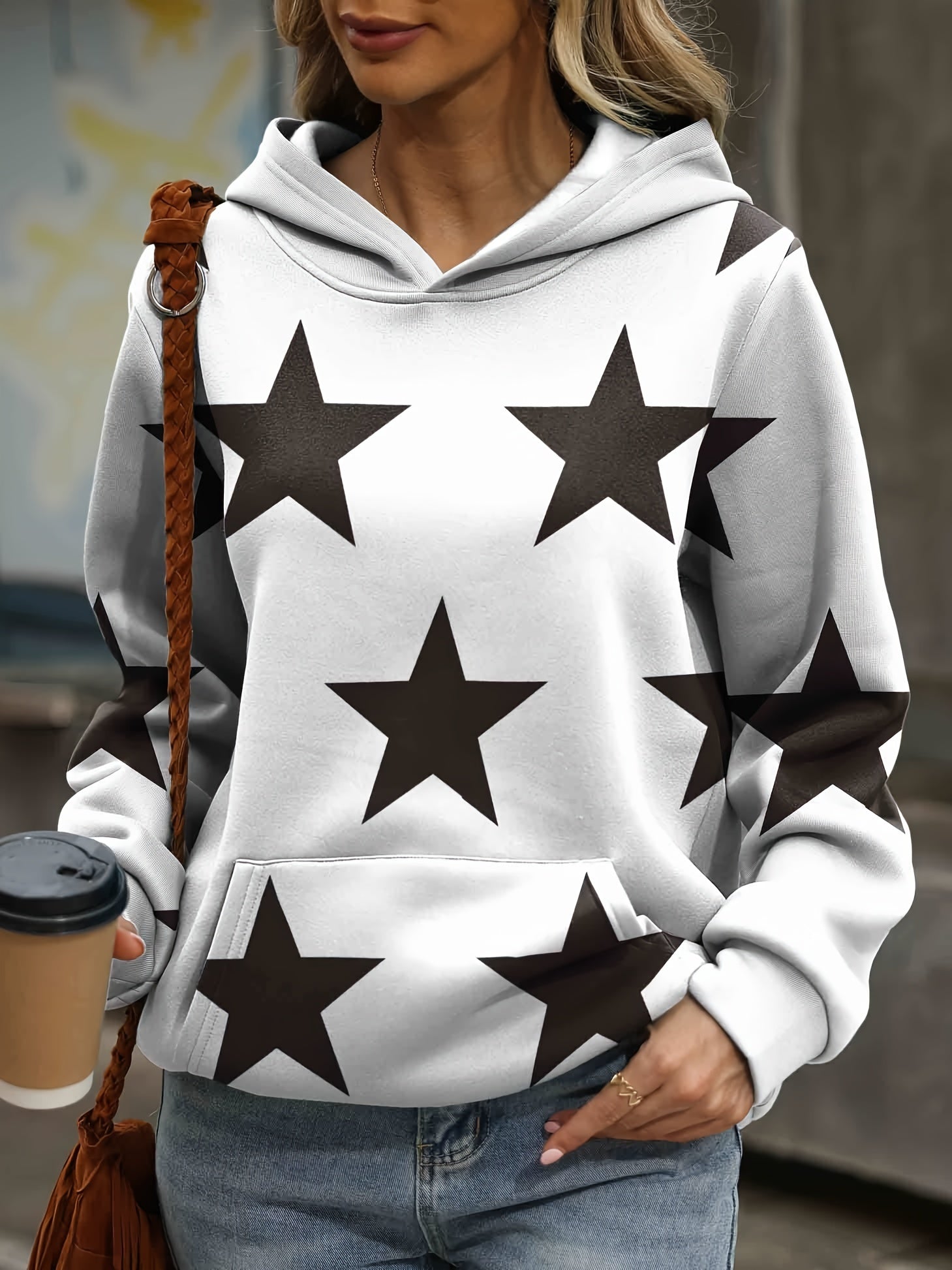 Star Print Hoodie Kangaroo Pocket Long Sleeve Sweatshirt