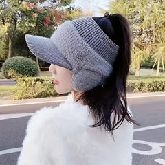 Rhinestone M Label Knit Hat Solid Thick Cold Proof Ear Protection Warm Hat