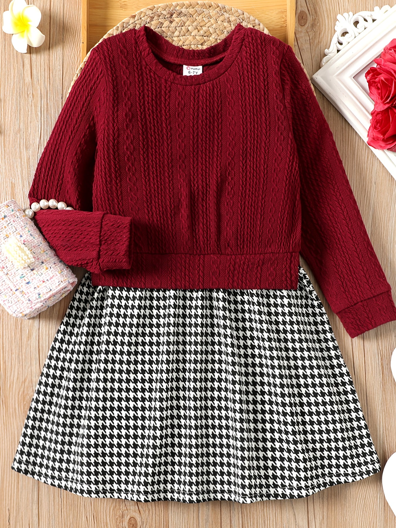 Kid Girl Cable Knit Houndstooth Long Sleeve Dress
