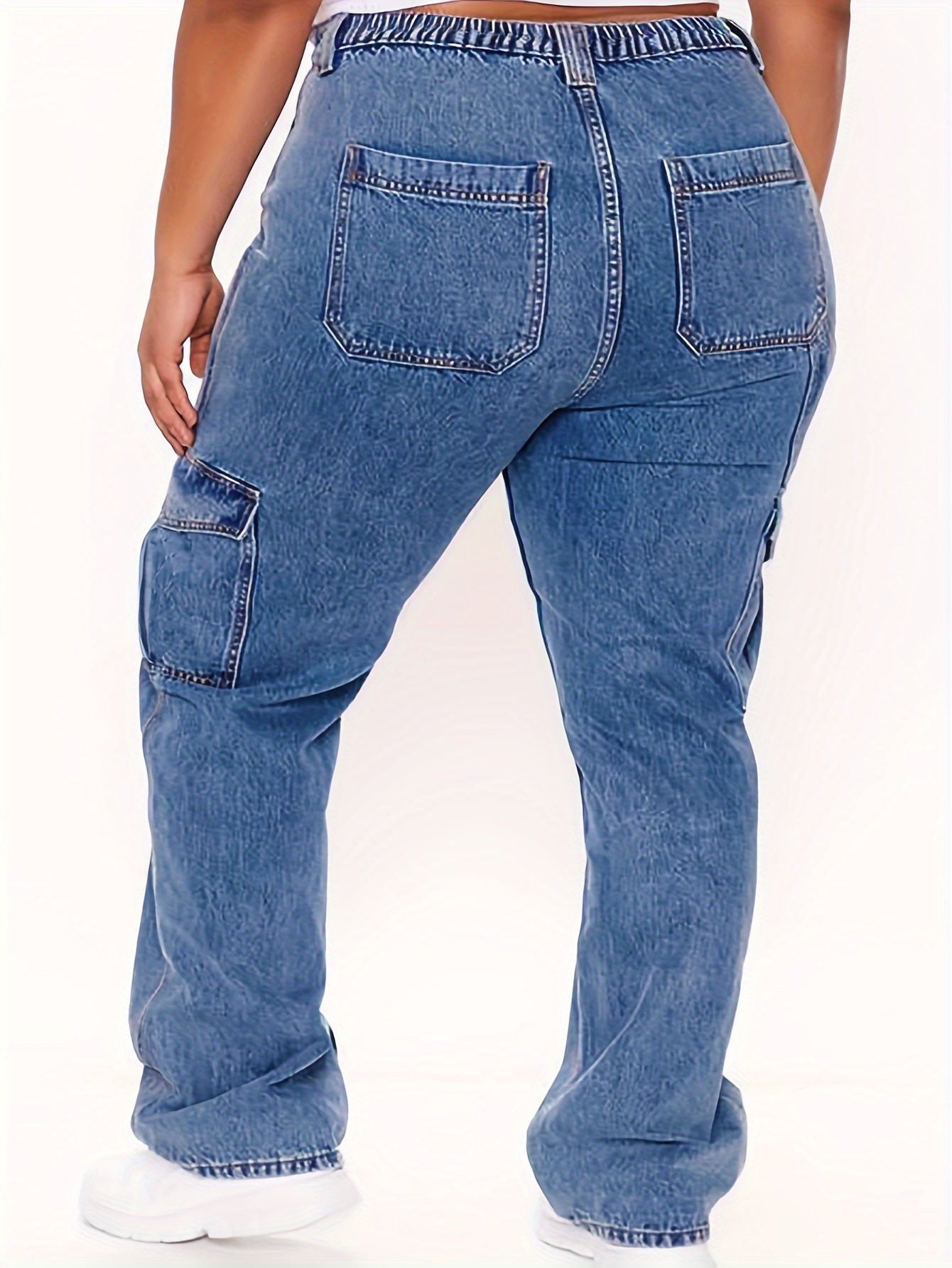 Casual Cargo Jeans Women's Plus Solid Pipping Button Fly High Rise