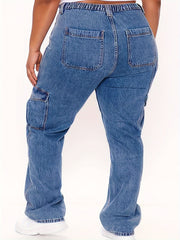 Casual Cargo Jeans Women's Plus Solid Pipping Button Fly High Rise