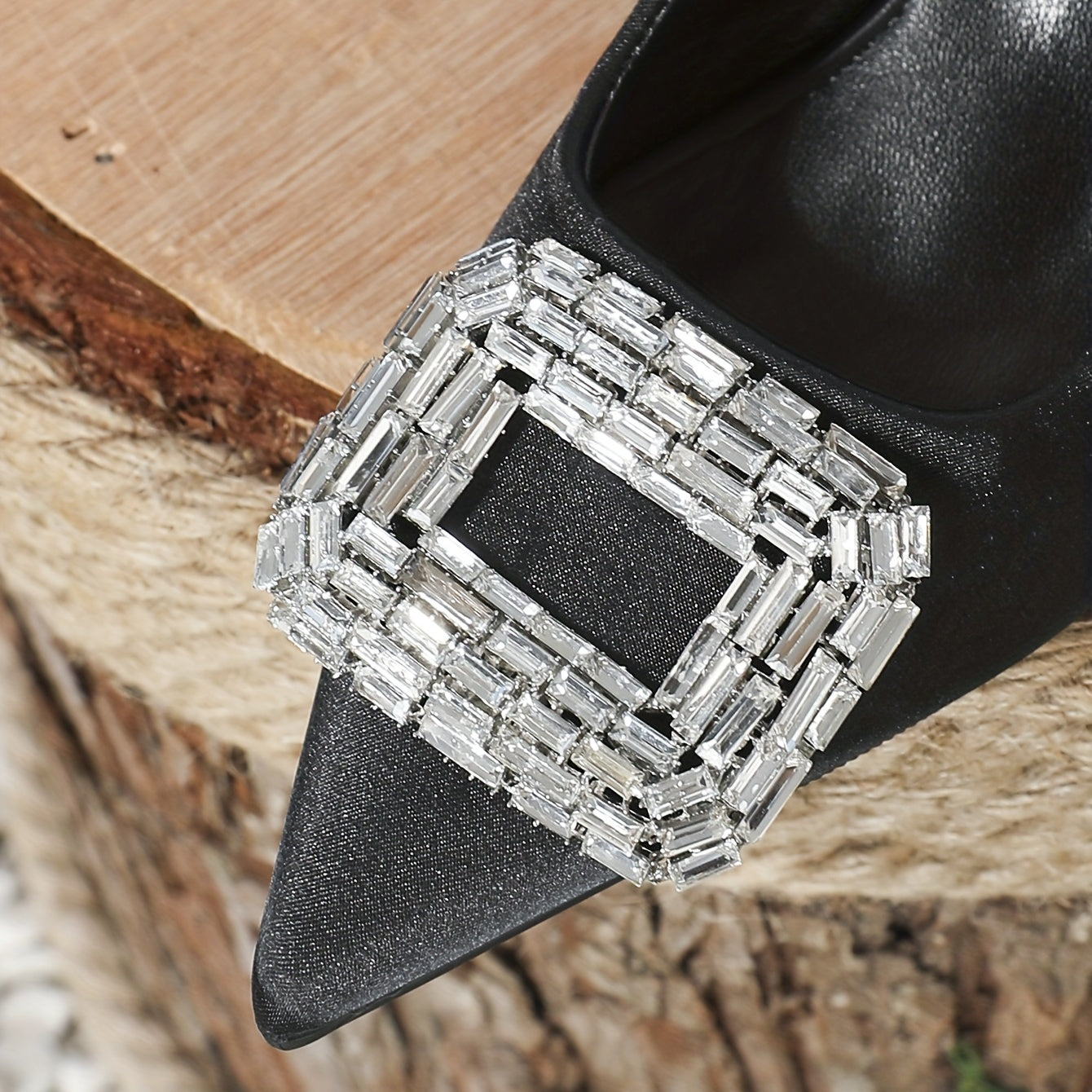 Rhinestone Square Buckle Kitten Heels Slingback Shoes Low Heel