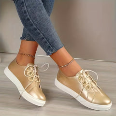 Lace-up Skate Sneakers Platform PU Leather Flat Shoes