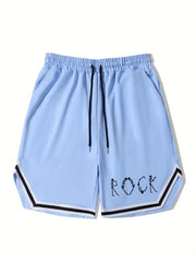 Men's Rock Print Basketball Shorts Casual Slightly Stretch Drawstring Shorts