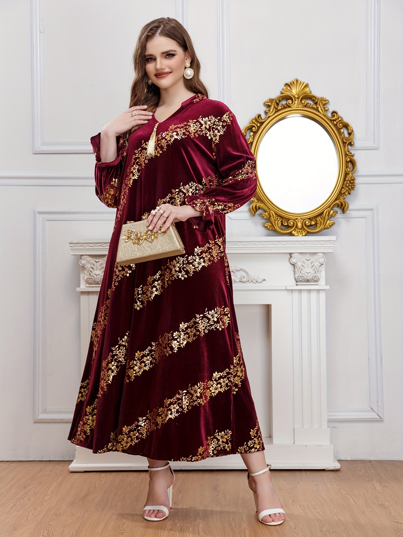 Golden Floral Print Flounce Sleeve Abaya Dress