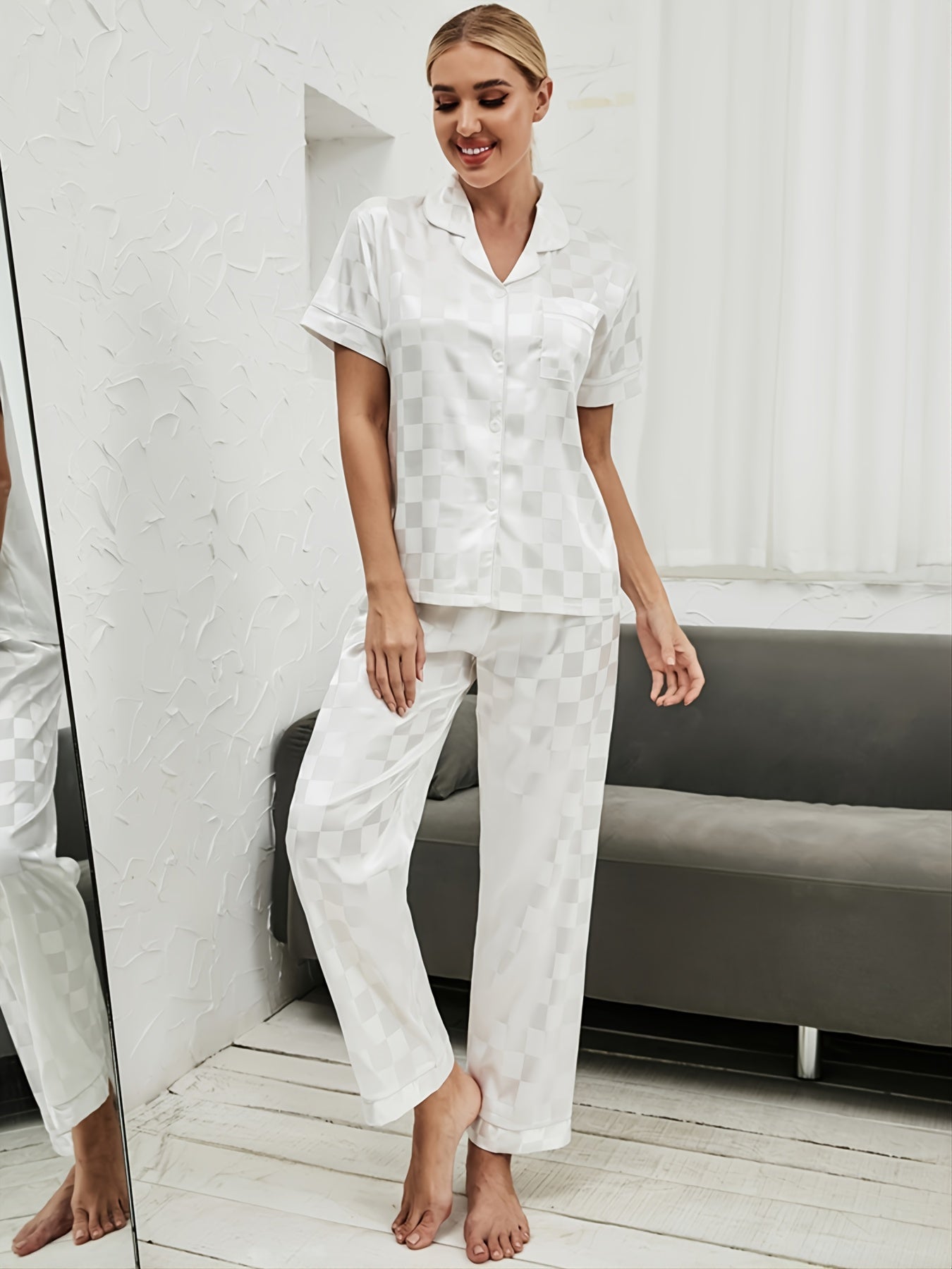 Checkerboard Satin Short Sleeve Pajama Set