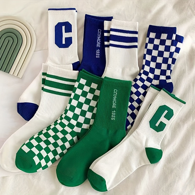8 Pairs Letter Print Striped Socks Comfy & Breathable Mid Tube Socks