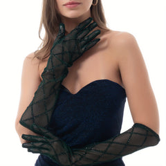 Dark Green Mesh Long Gloves Vintage Plaid Dress Up Elastic Gloves